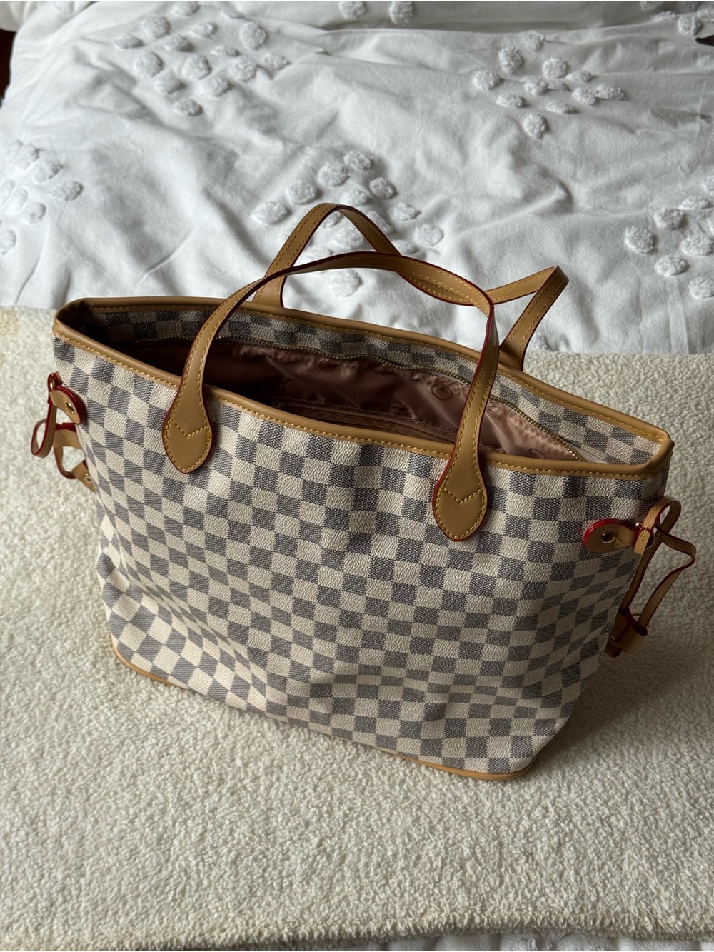 Designer-Style Beige Checkered Tote Bag with Tan Leather Trim